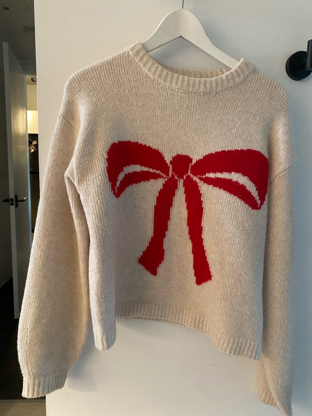a new day Cream Sweater with Red Bow Crewneck